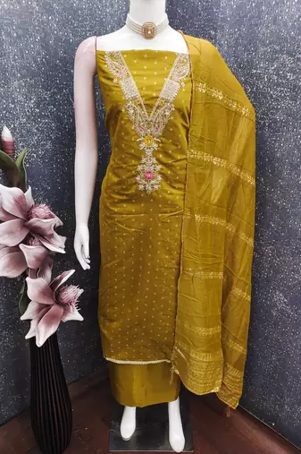 women's green unstitched chanderi cotton dress material with emblished dupatta