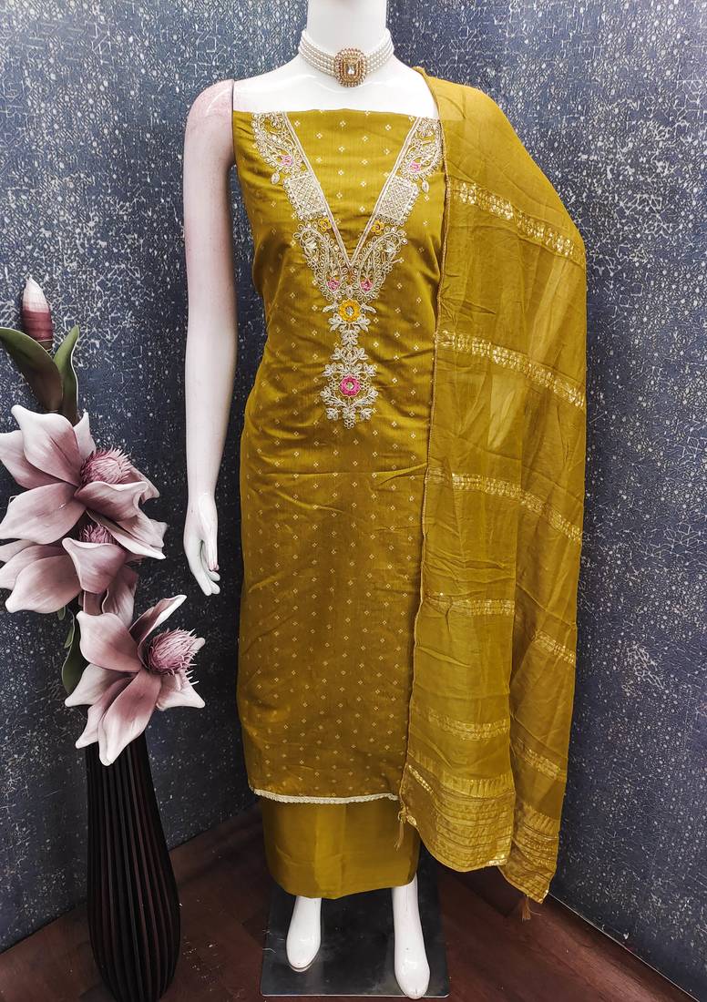 women's green unstitched chanderi cotton dress material with emblished dupatta