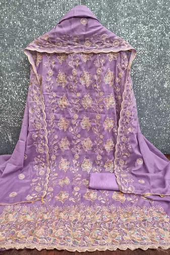 women's lavender unstitched georgette dress material with embroidered dupatta
