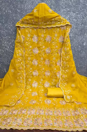 women's mustard unstitched georgette dress material with embroidered dupatta