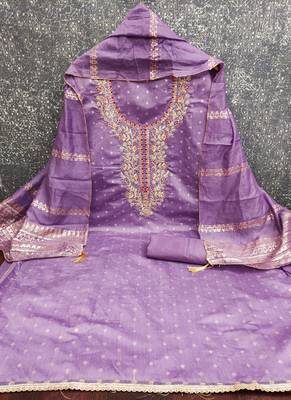 women's voilet unstitched chanderi cotton dress material with emblished dupatta 2