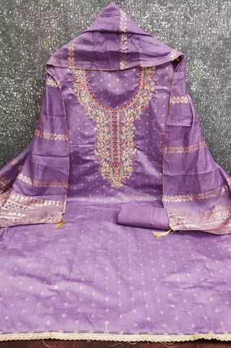 women's voilet unstitched chanderi cotton dress material with emblished dupatta