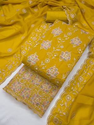 women's mustard unstitched georgette dress material with embroidered dupatta 3