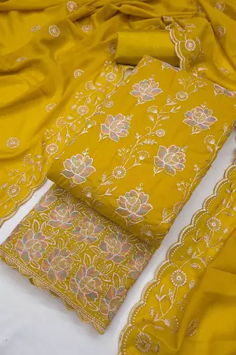 women's mustard unstitched georgette dress material with embroidered dupatta