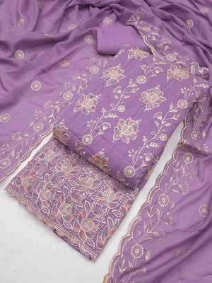 women's lavender unstitched georgette dress material with embroidered dupatta 3