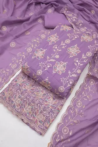 women's lavender unstitched georgette dress material with embroidered dupatta