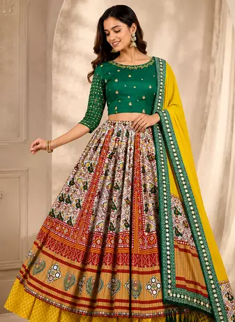 Green Mirror Navratri Lehenga Choli With Dupatta
