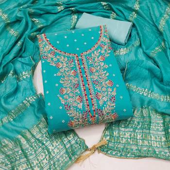 women's sea green unstitched chanderi cotton dress material with emblished dupatta 1