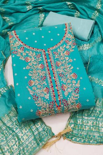 women's sea green unstitched chanderi cotton dress material with emblished dupatta