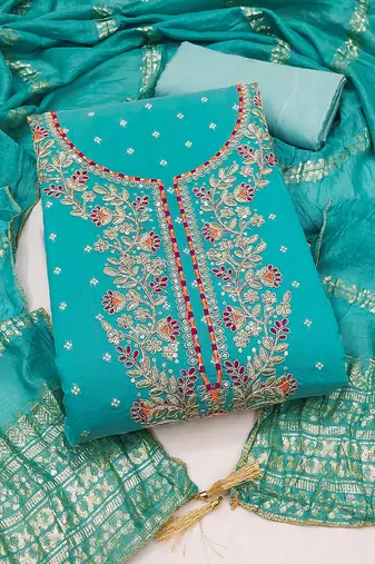 women's sea green unstitched chanderi cotton dress material with emblished dupatta