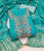 women's sea green unstitched chanderi cotton dress material with emblished dupatta