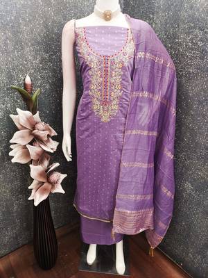 women's voilet unstitched chanderi cotton dress material with emblished dupatta 3