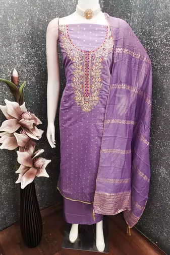 women's voilet unstitched chanderi cotton dress material with emblished dupatta