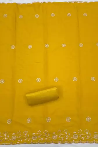 women's mustard unstitched georgette dress material with embroidered dupatta