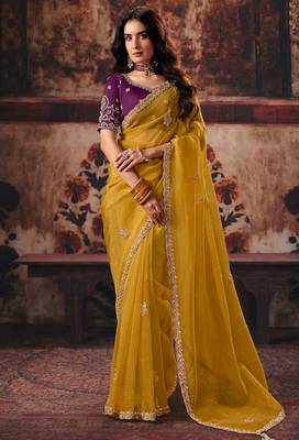 Mustard organza handwork motif work crystal beads work saree with blouse 1