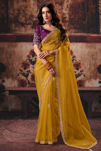 Mustard organza handwork motif work crystal beads work saree with blouse