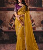 Mustard organza handwork motif work crystal beads work saree with blouse