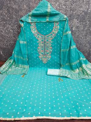 women's sea green unstitched chanderi cotton dress material with emblished dupatta 2