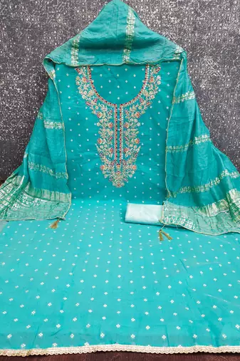 women's sea green unstitched chanderi cotton dress material with emblished dupatta