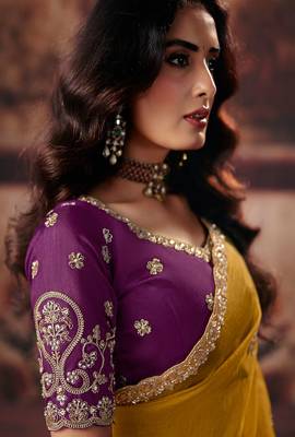 Mustard organza handwork motif work crystal beads work saree with blouse 2