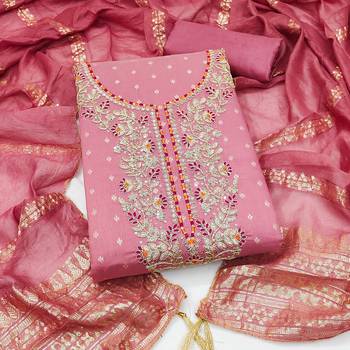 women's pink unstitched chanderi cotton dress material with emblished dupatta 1