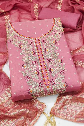 women's pink unstitched chanderi cotton dress material with emblished dupatta