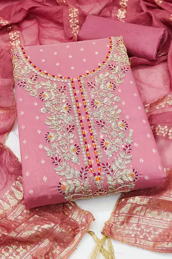 women's pink unstitched chanderi cotton dress material with emblished dupatta