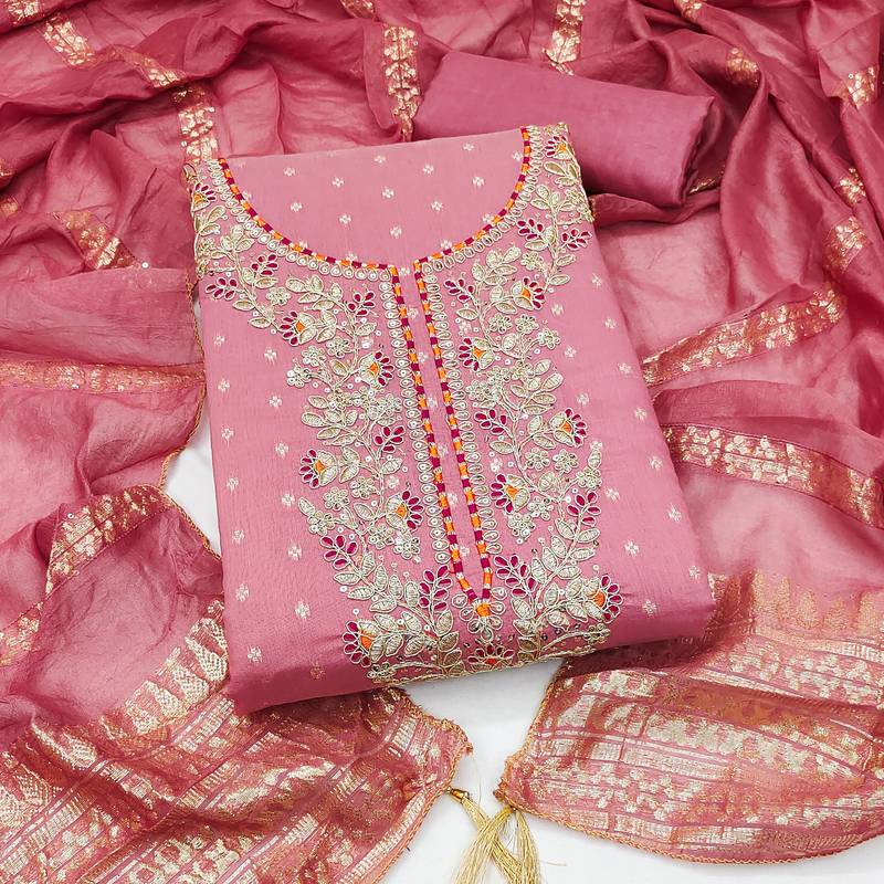 women's pink unstitched chanderi cotton dress material with emblished dupatta