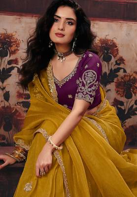 Mustard organza handwork motif work crystal beads work saree with blouse 3