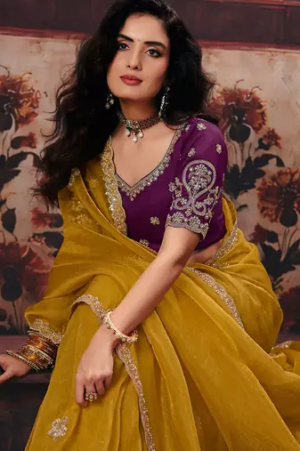 Mustard organza handwork motif work crystal beads work saree with blouse
