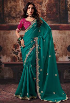 Teal bemberg handwork motif work crystal beads work saree with blouse 1