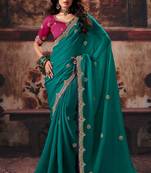Teal bemberg handwork motif work crystal beads work saree with blouse