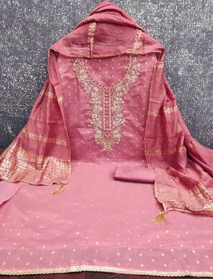 women's pink unstitched chanderi cotton dress material with emblished dupatta 2