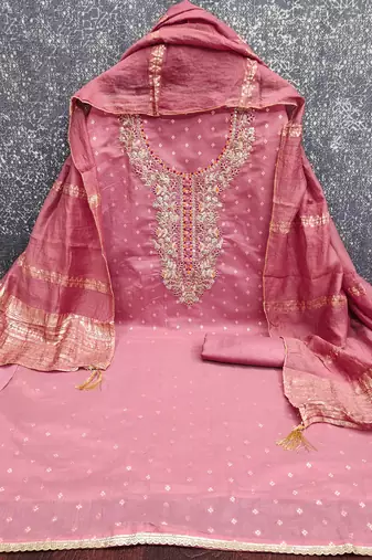 women's pink unstitched chanderi cotton dress material with emblished dupatta