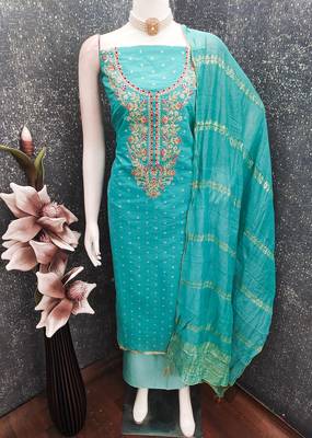 women's sea green unstitched chanderi cotton dress material with emblished dupatta 3