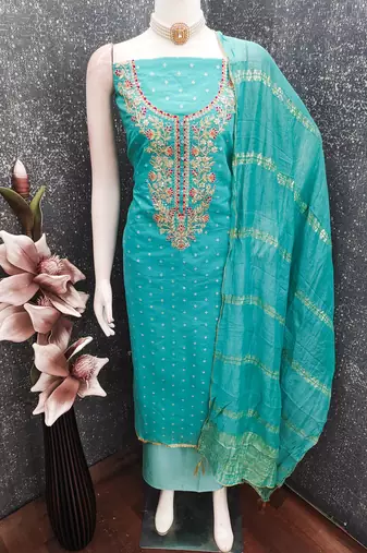 women's sea green unstitched chanderi cotton dress material with emblished dupatta