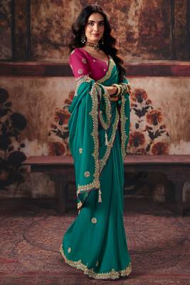 Teal bemberg handwork motif work crystal beads work saree with blouse 2