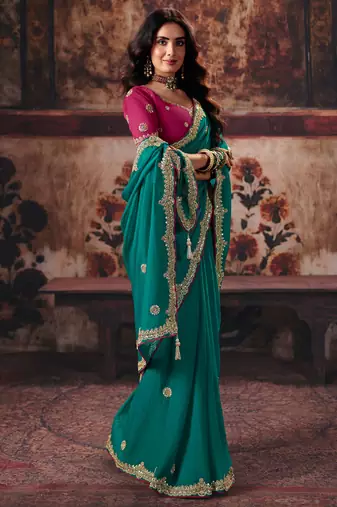 Teal bemberg handwork motif work crystal beads work saree with blouse