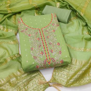 women's light green unstitched chanderi cotton dress material with emblished dupatta 1