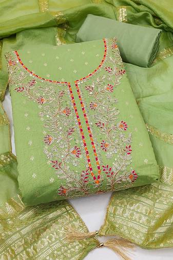 women's light green unstitched chanderi cotton dress material with emblished dupatta