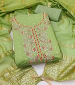 women's light green unstitched chanderi cotton dress material with emblished dupatta