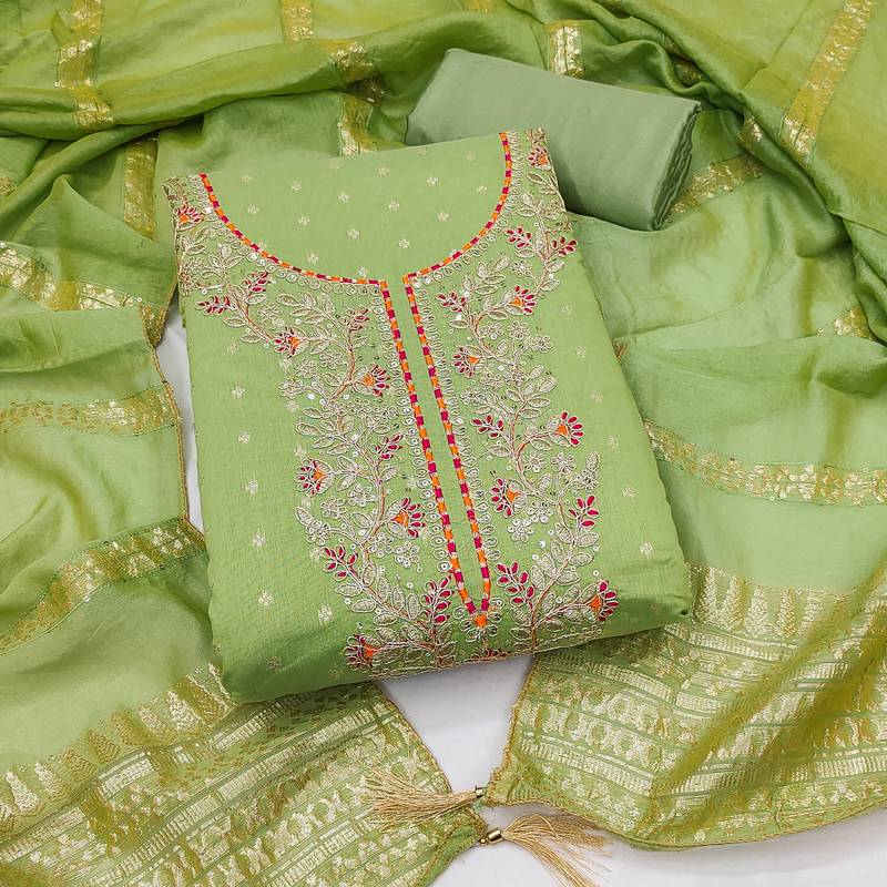 women's light green unstitched chanderi cotton dress material with emblished dupatta