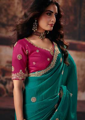 Teal bemberg handwork motif work crystal beads work saree with blouse 3