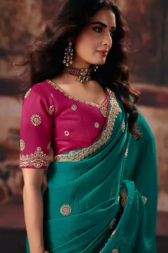 Teal bemberg handwork motif work crystal beads work saree with blouse