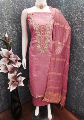 women's pink unstitched chanderi cotton dress material with emblished dupatta 3