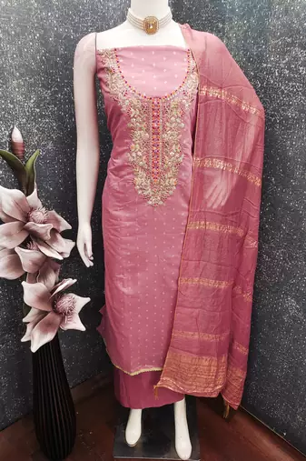 women's pink unstitched chanderi cotton dress material with emblished dupatta