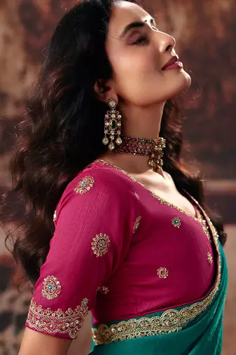 Teal bemberg handwork motif work crystal beads work saree with blouse