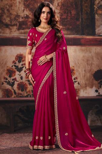 Rani pink fendy satin handwork motif work crystal beads work saree with blouse
