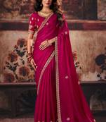 Rani pink fendy satin handwork motif work crystal beads work saree with blouse