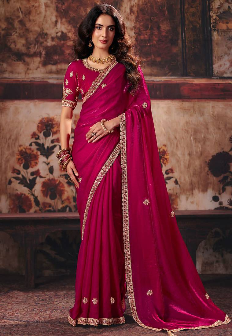Rani pink fendy satin handwork motif work crystal beads work saree with blouse